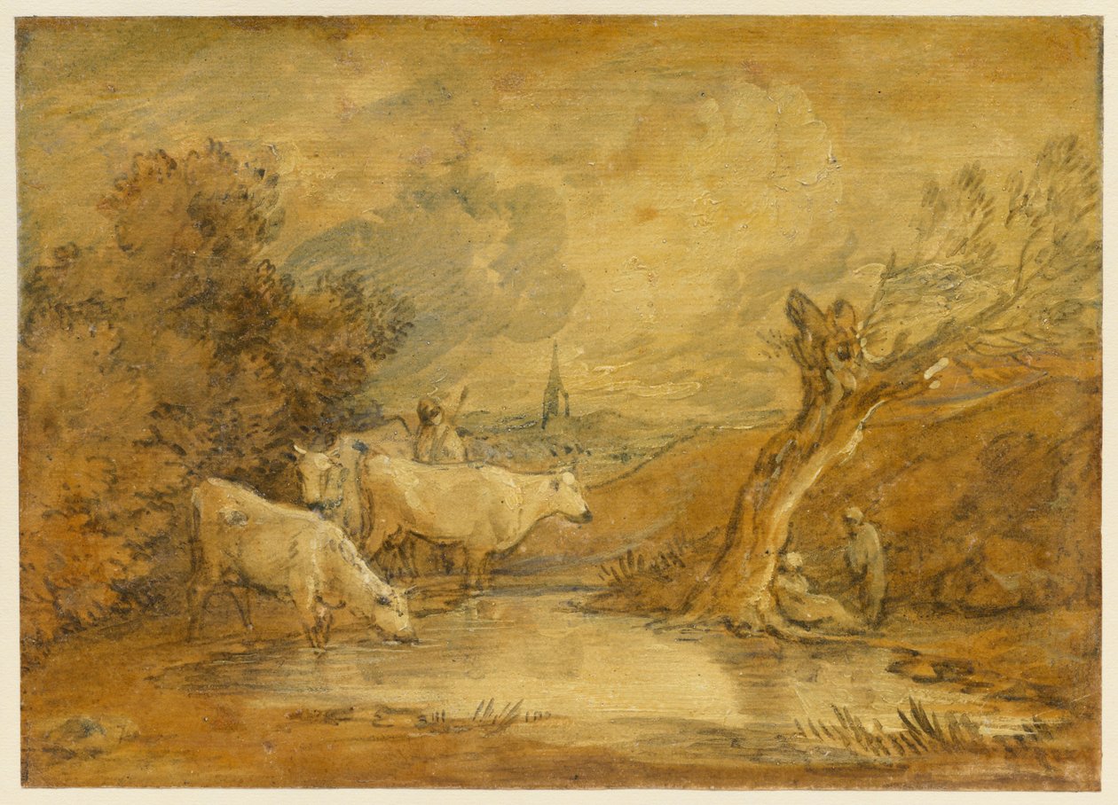 Landschaft mit Figuren, Hirte und Vieh an einem Teich, und ferne Kirche av Thomas Gainsborough
