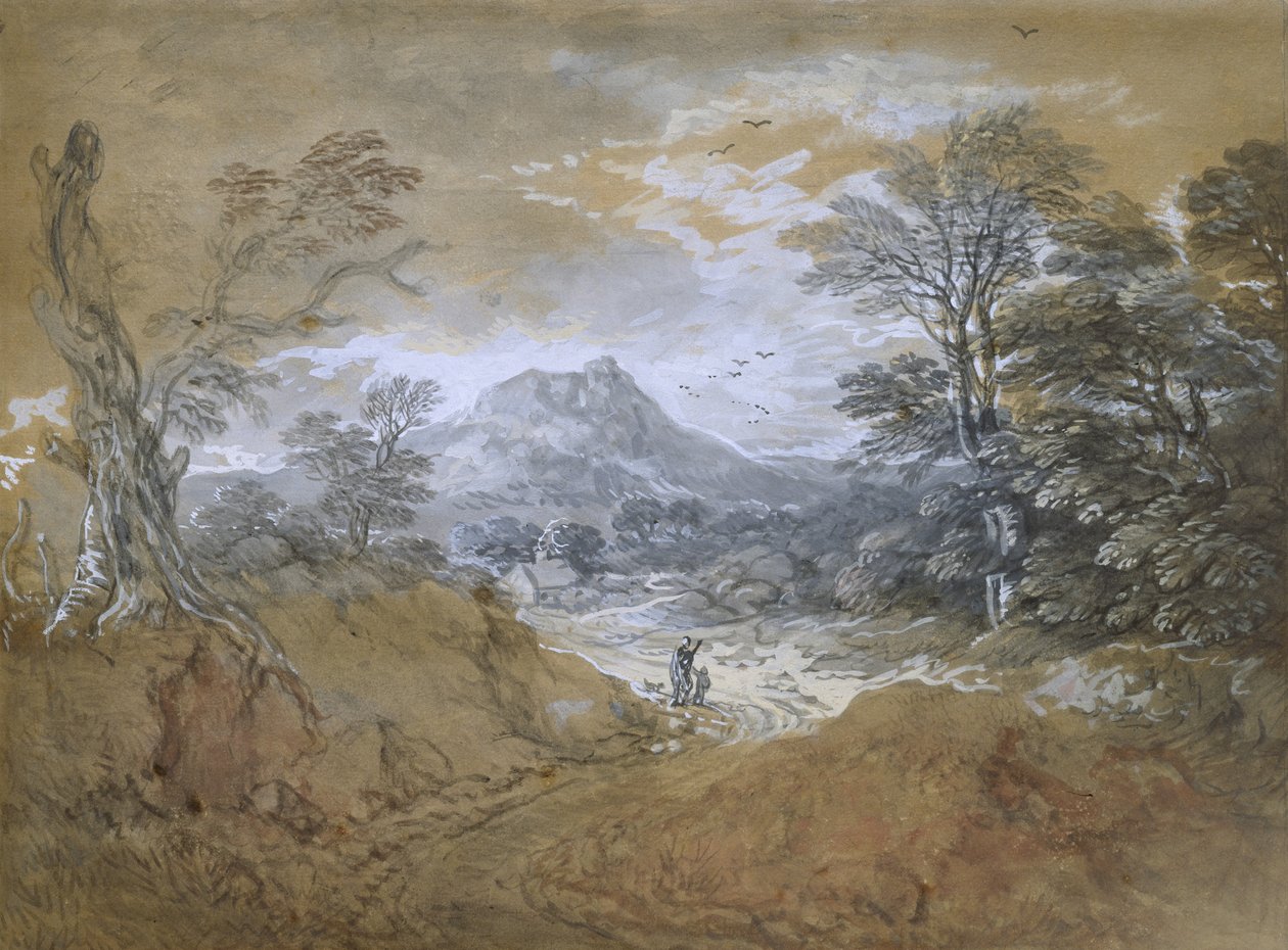 Landskap med en vei ved kanten av et skog, 1760-65 (akvarell og kroppsfarge over svake indikasjoner i grafitt på brunt papir) av Thomas Gainsborough