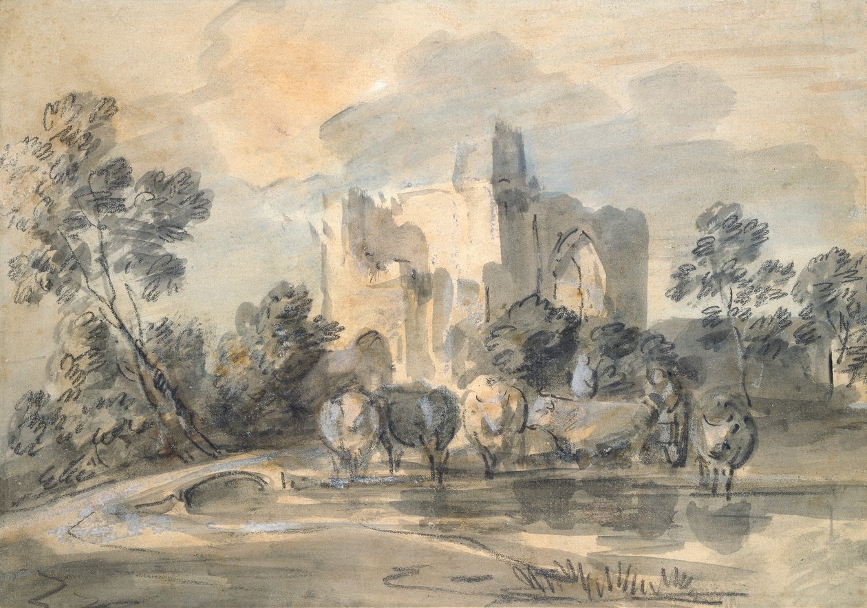 Landskap med et ødelagt slott og storfe ved et basseng, ca. 1770-tallet av Thomas Gainsborough