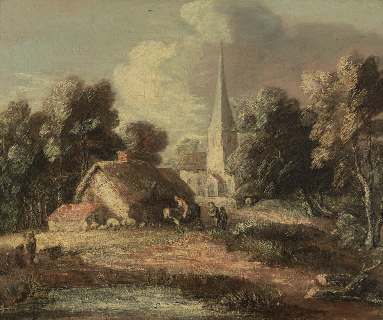 Landskap med hytte og kirke av Thomas Gainsborough