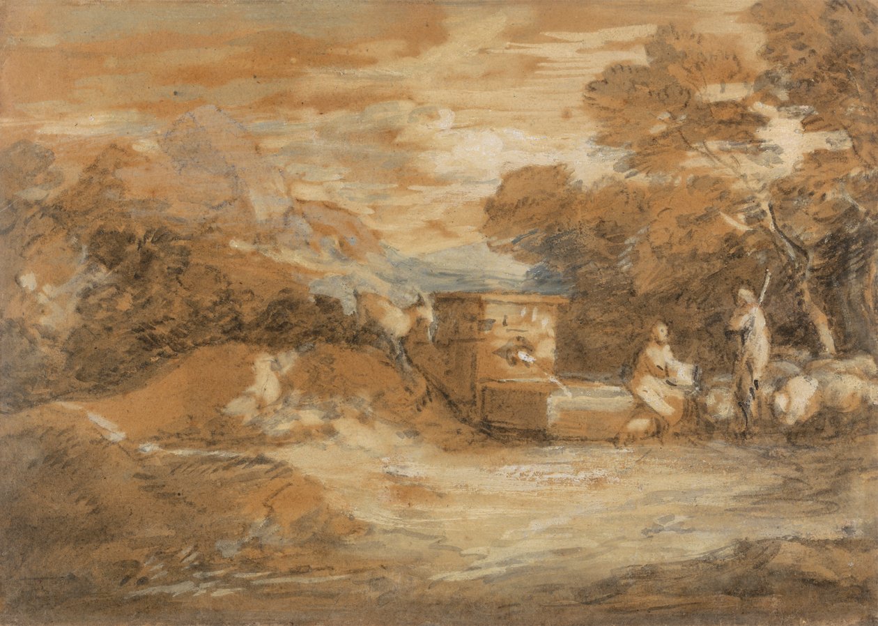 Fjelllandskap med figurer, sauer og fontene av Thomas Gainsborough