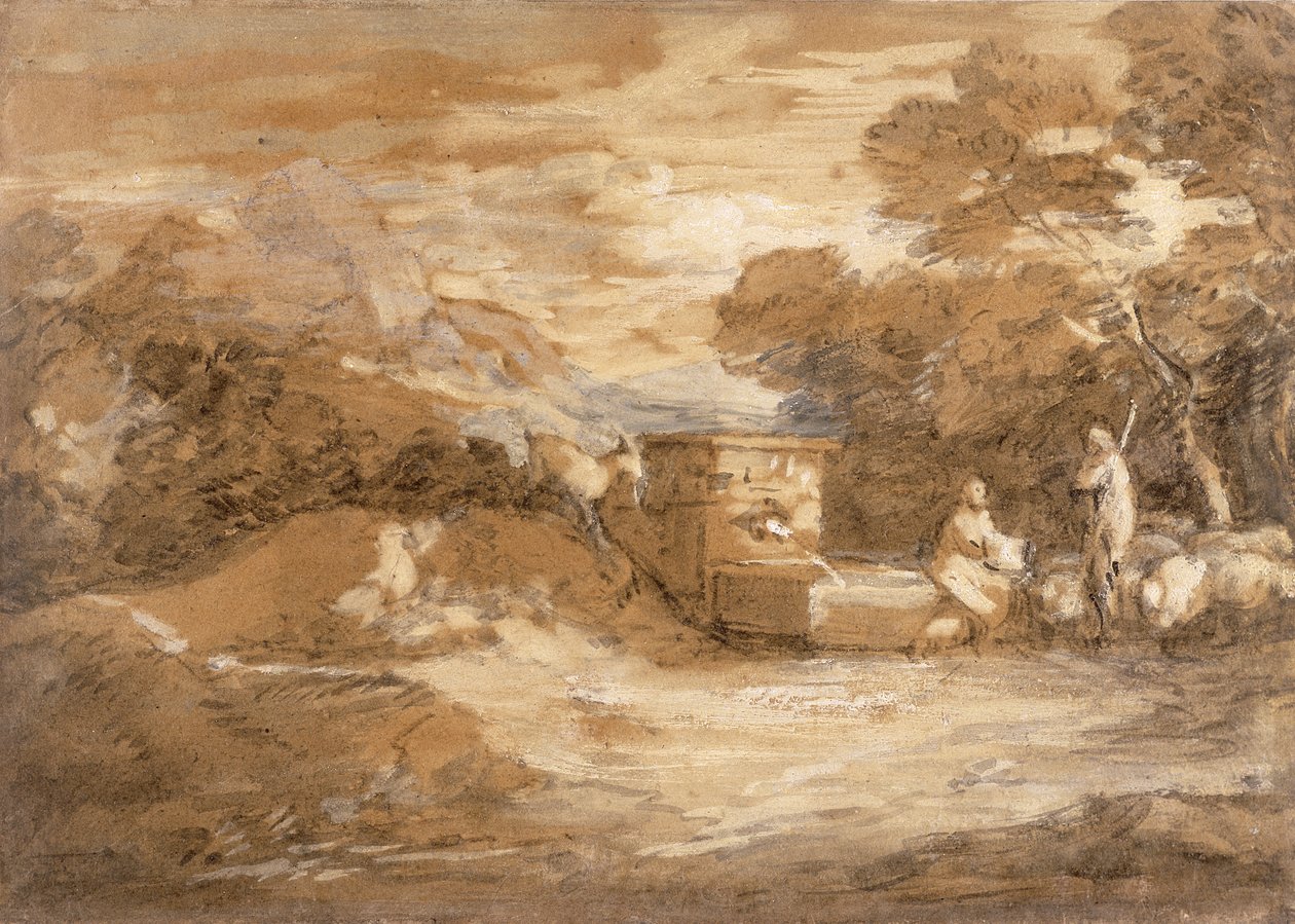 Fjelllandskap med figurer, sauer og fontene, ca. 1785-88 (grå vask, olje og svart kritt på lagt papir) av Thomas Gainsborough