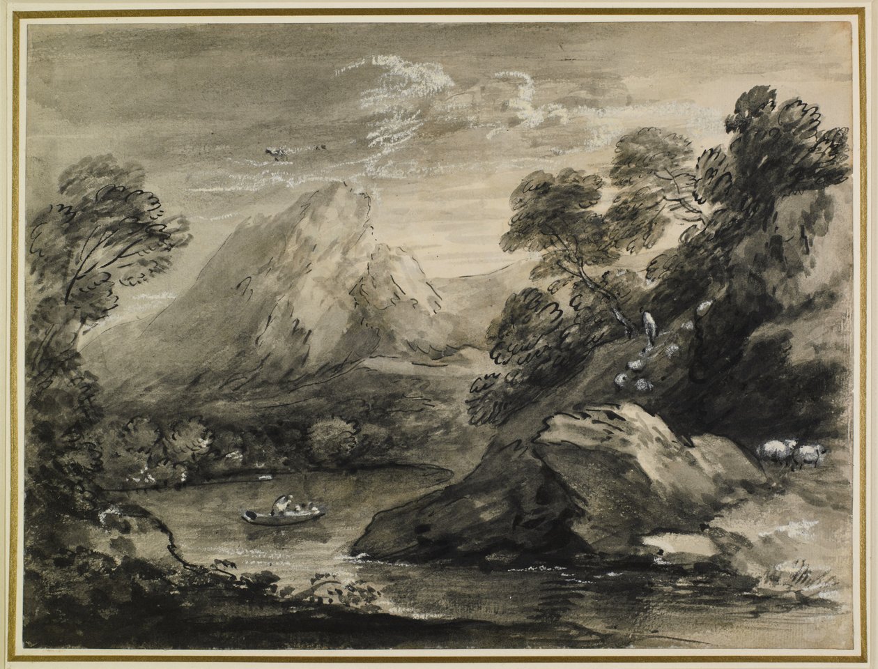 Fjelllandskap med en båt på en innsjø, 1777-80 av Thomas Gainsborough