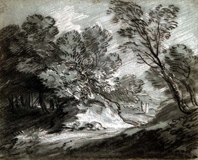 Nr.0975 Skoglandskap med et fjernt fjell (kritt på blått papir) av Thomas Gainsborough