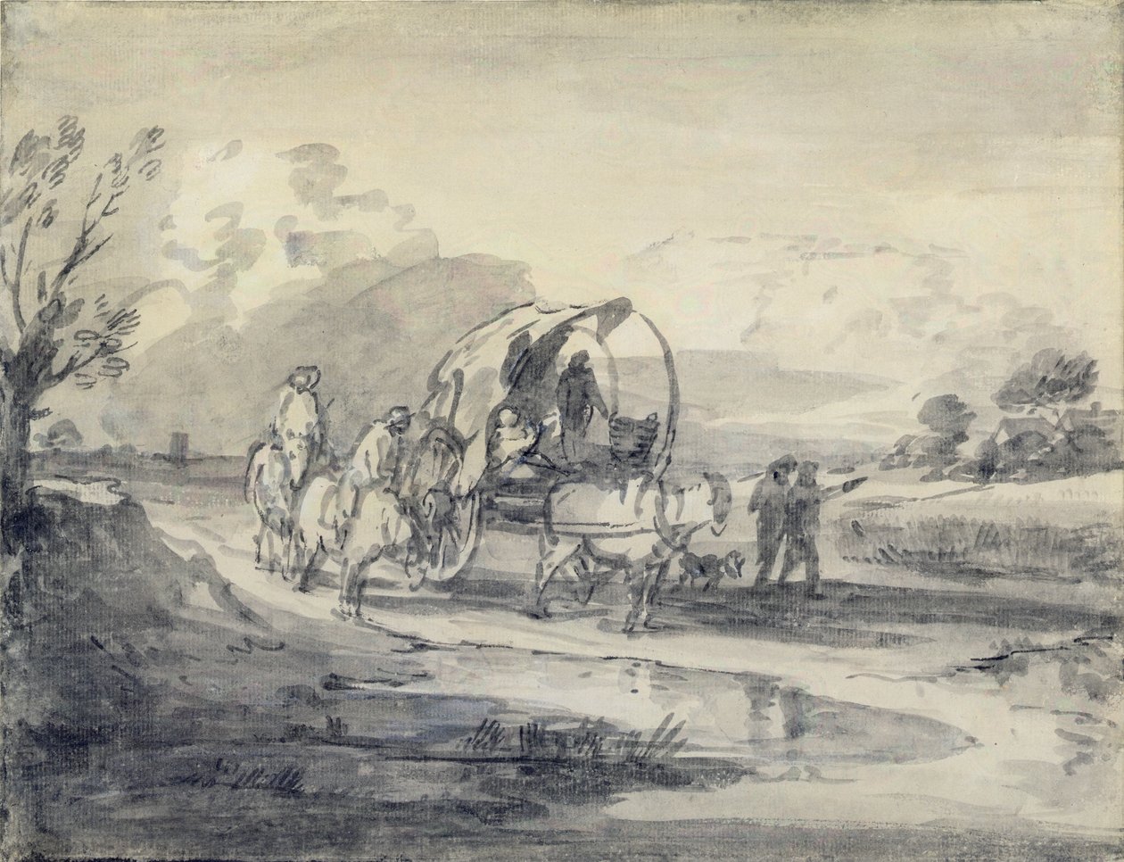 Åpent landskap med gjeter og tildekket vogn, ca. 1780-85 (grå og svart vask og kritt lagt på papir) av Thomas Gainsborough
