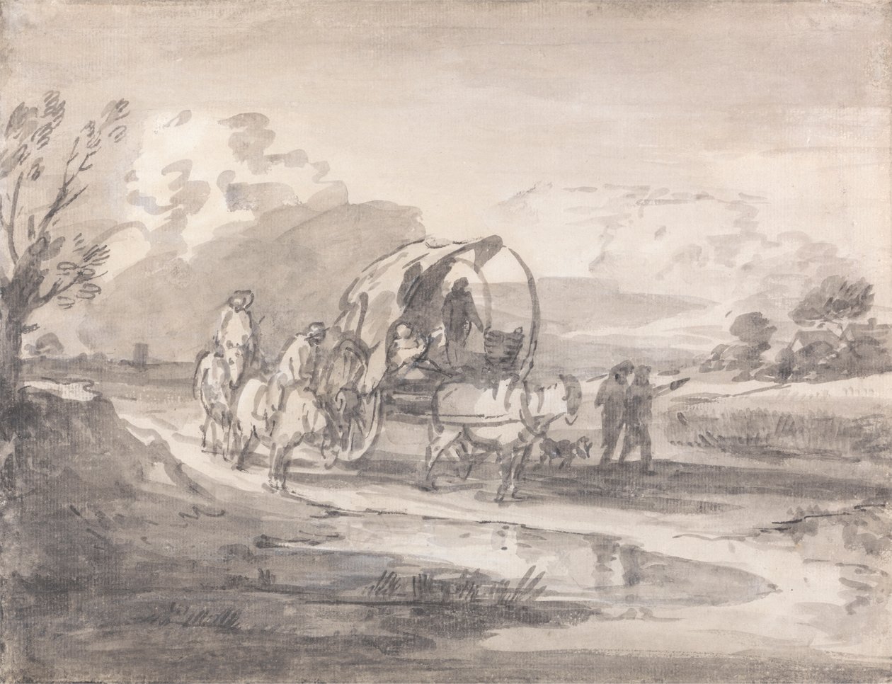 Åpent landskap med ryttere og overbygd vogn av Thomas Gainsborough