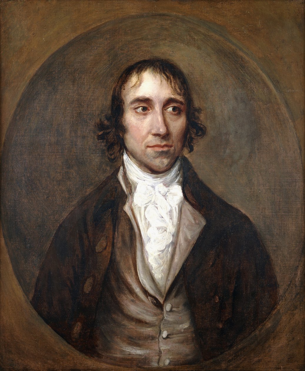 Portrett av John Gainsborough, kunstnerens bror, bystelengde, i brun jakke og vest og hvit lager, av Thomas Gainsborough