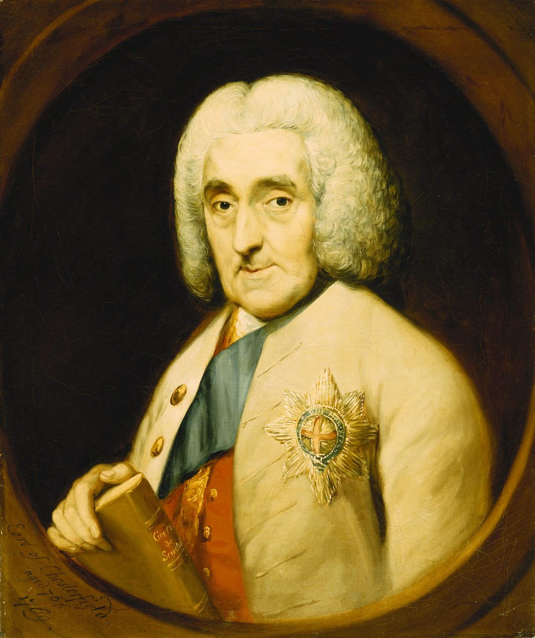 Portrett av Lord Chesterfield, bystelengde, iført strømpebåndets orden, holder en bok, i en malt oval, 1769 av Thomas Gainsborough