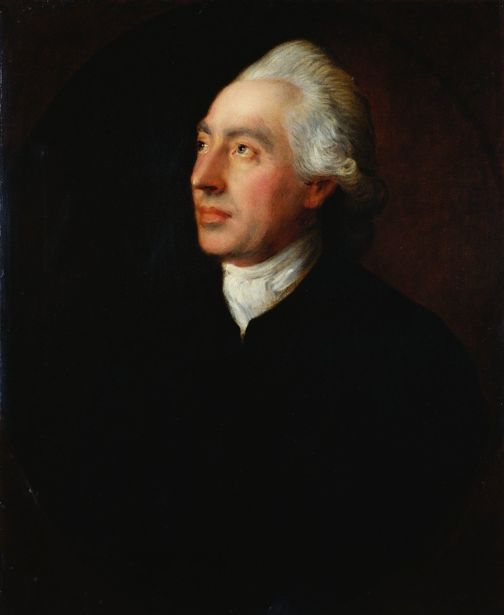 Portrett av pastor Humphrey Gainsborough i svart frakk og hvitt halsbånd av Thomas Gainsborough