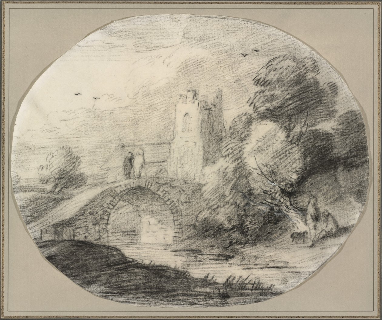 Elvelandskap med en bro og en kirke av Thomas Gainsborough