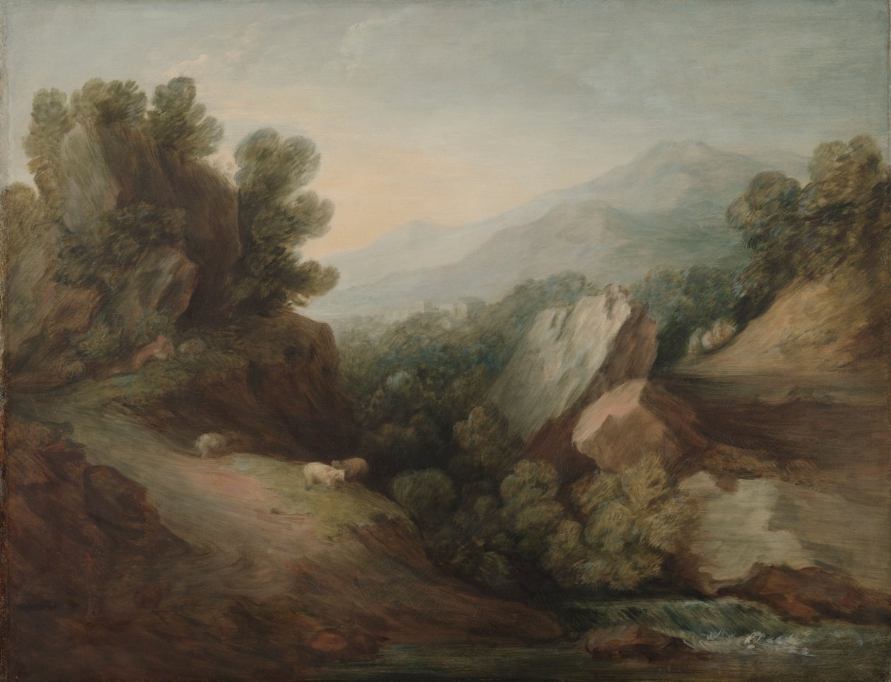 Steinete, skogkledd landskap med en Dell og Weir av Thomas Gainsborough
