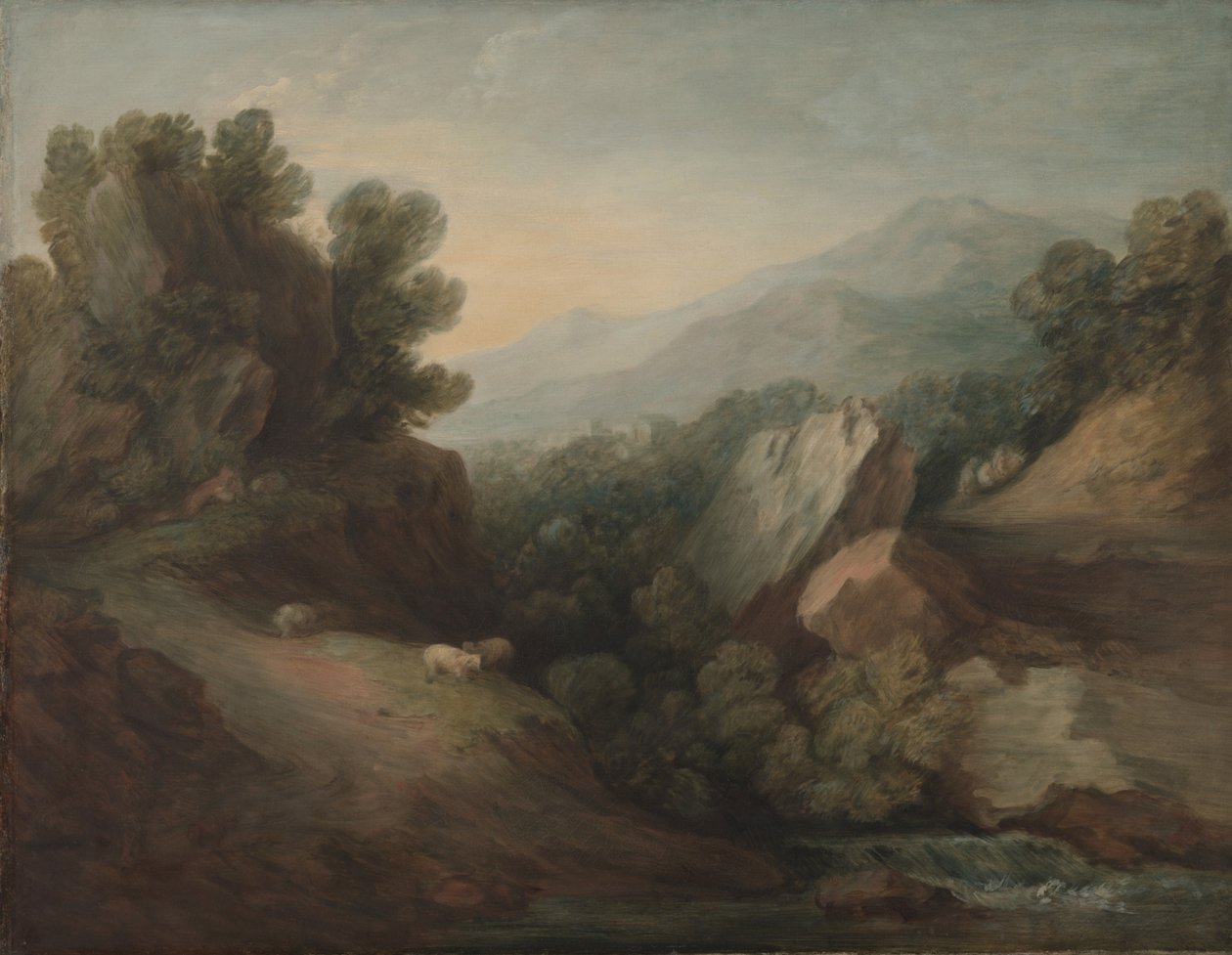 Steinete, skogkledd landskap med en Dell og Weir, ca. 1782-83 av Thomas Gainsborough