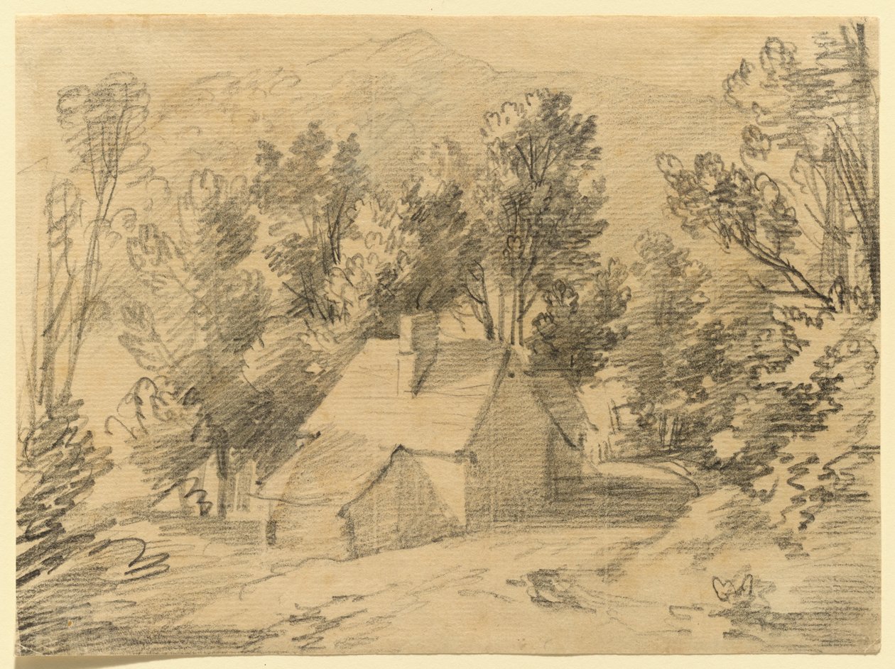 Studie av et hus og et skur i en skogkledd dal av Thomas Gainsborough