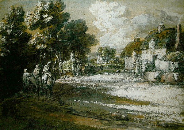 Reisende som passerer en landsby (svart-hvitt kritt på papir) av Thomas Gainsborough