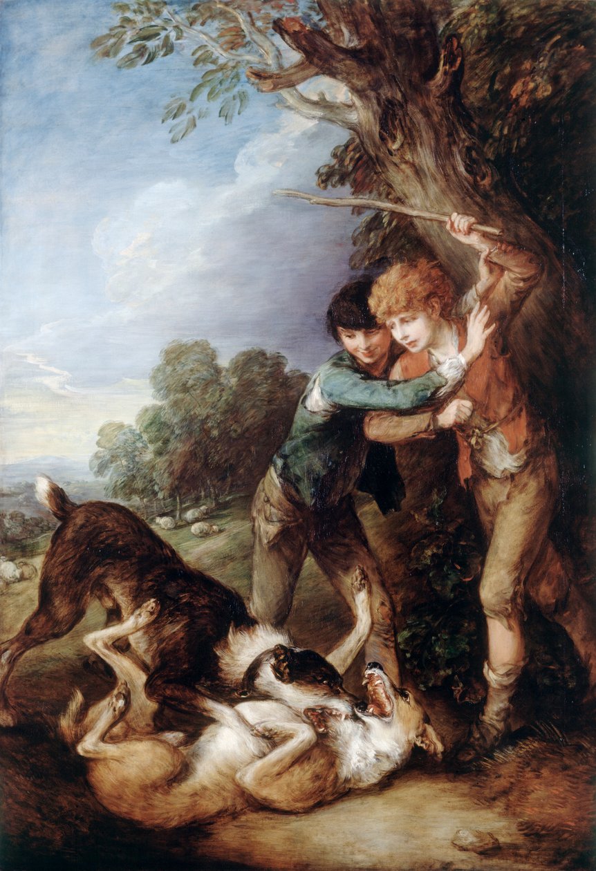 To gjetergutter med hunder som kjemper (olje på lerret) av Thomas Gainsborough