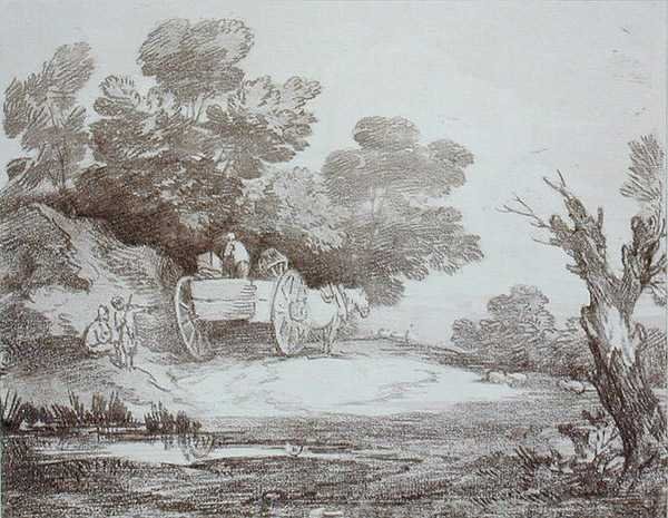Skoglandskap, landvogn og figurer (gravering) av Thomas Gainsborough