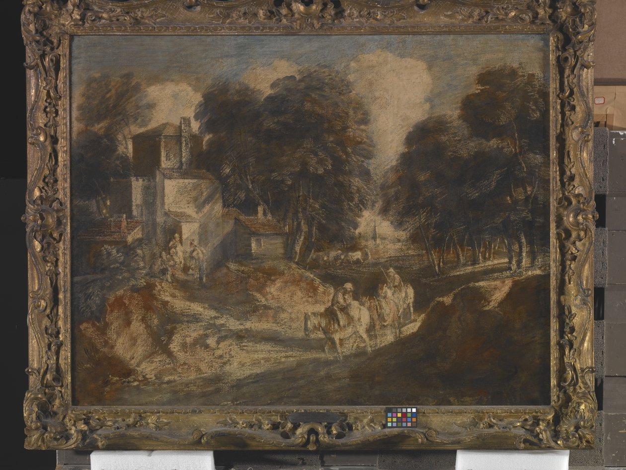 Skoglandskap med monterte bønder (blekk, blyhvitt og gouache på papir montert på lerret) av Thomas Gainsborough