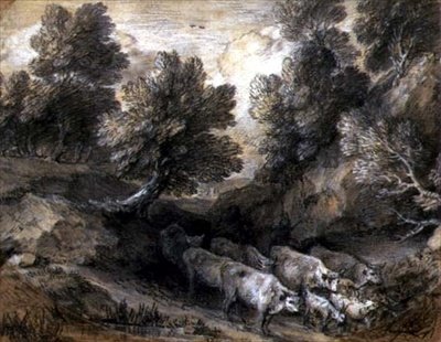 Skoglandskap med storfe og geiter, ca. 1768-72 (svart-hvitt kritt på papir) av Thomas Gainsborough