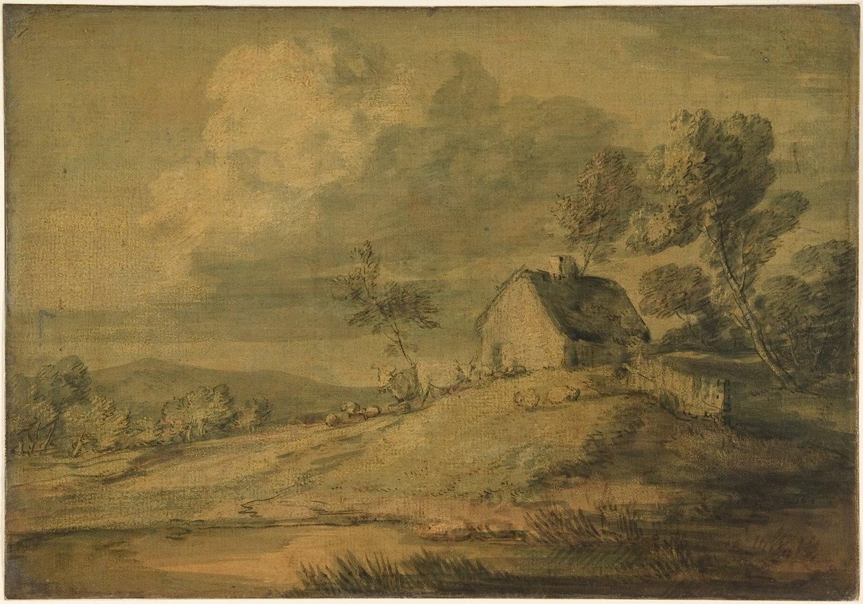 Skoglandskap med hytte, kyr og sauer av Thomas Gainsborough