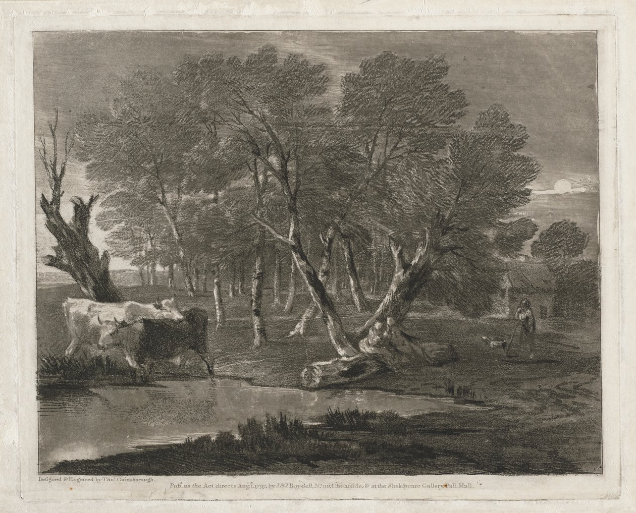 Skoglandskap med kuer ved siden av et basseng, figurer og hytte av Thomas Gainsborough