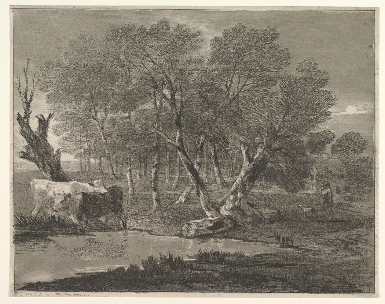 Skoglandskap med kyr ved siden av et basseng, figurer og hytte, 1775-80. av Thomas Gainsborough