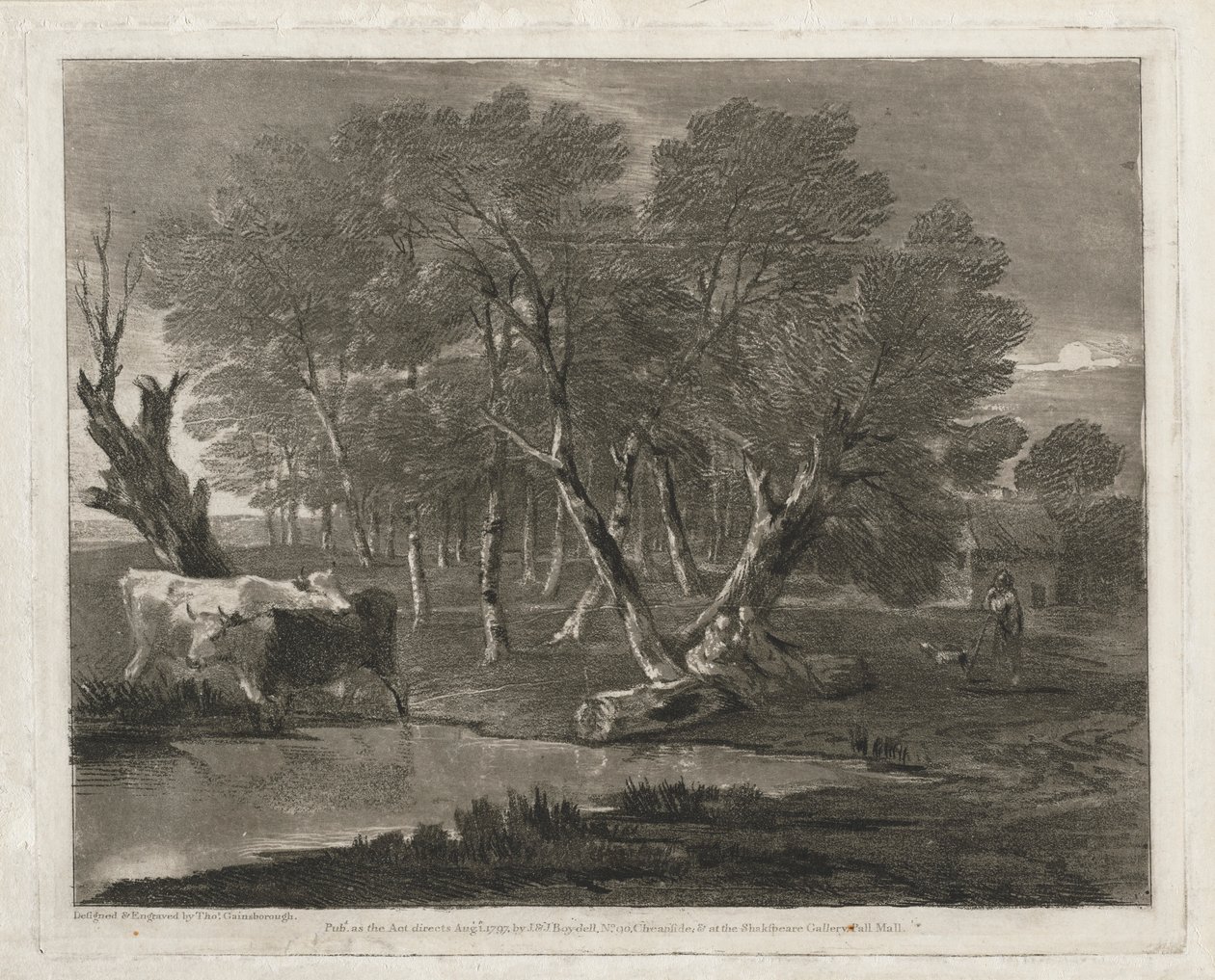 Skoglandskap med kuer ved siden av et basseng, figurer og hytte , utgitt i 1797. av Thomas Gainsborough