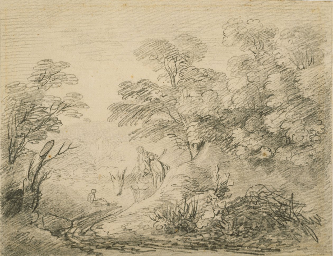 Skoglandskap med esel og figurer, ca. 1759 (grafitt på papir) av Thomas Gainsborough