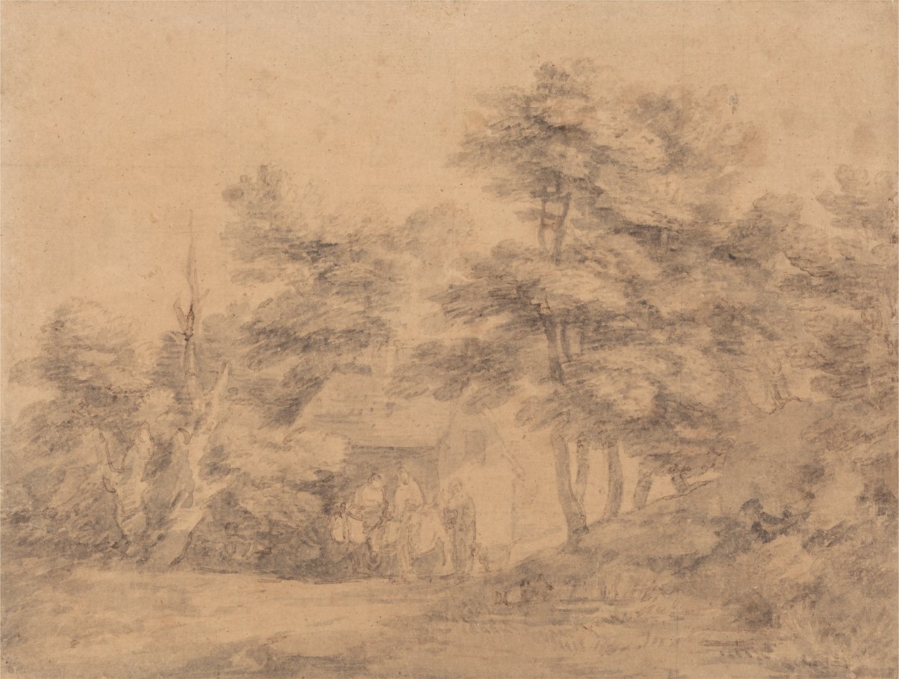 Skoglandskap med figurer, esler og hytte av Thomas Gainsborough