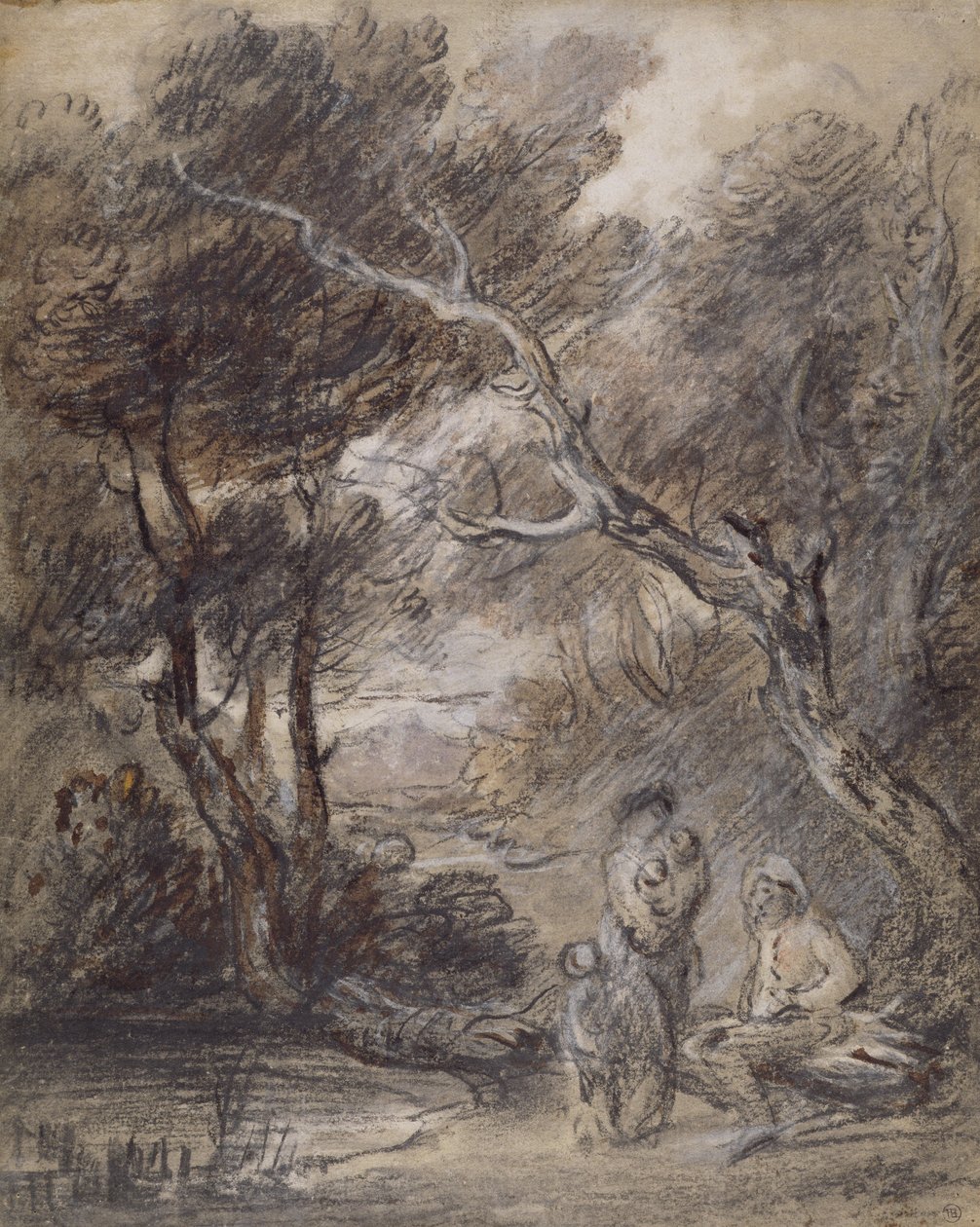 Skoglandskap med figurer, ca. 1788 (kritt, vask og gouache på papir) av Thomas Gainsborough