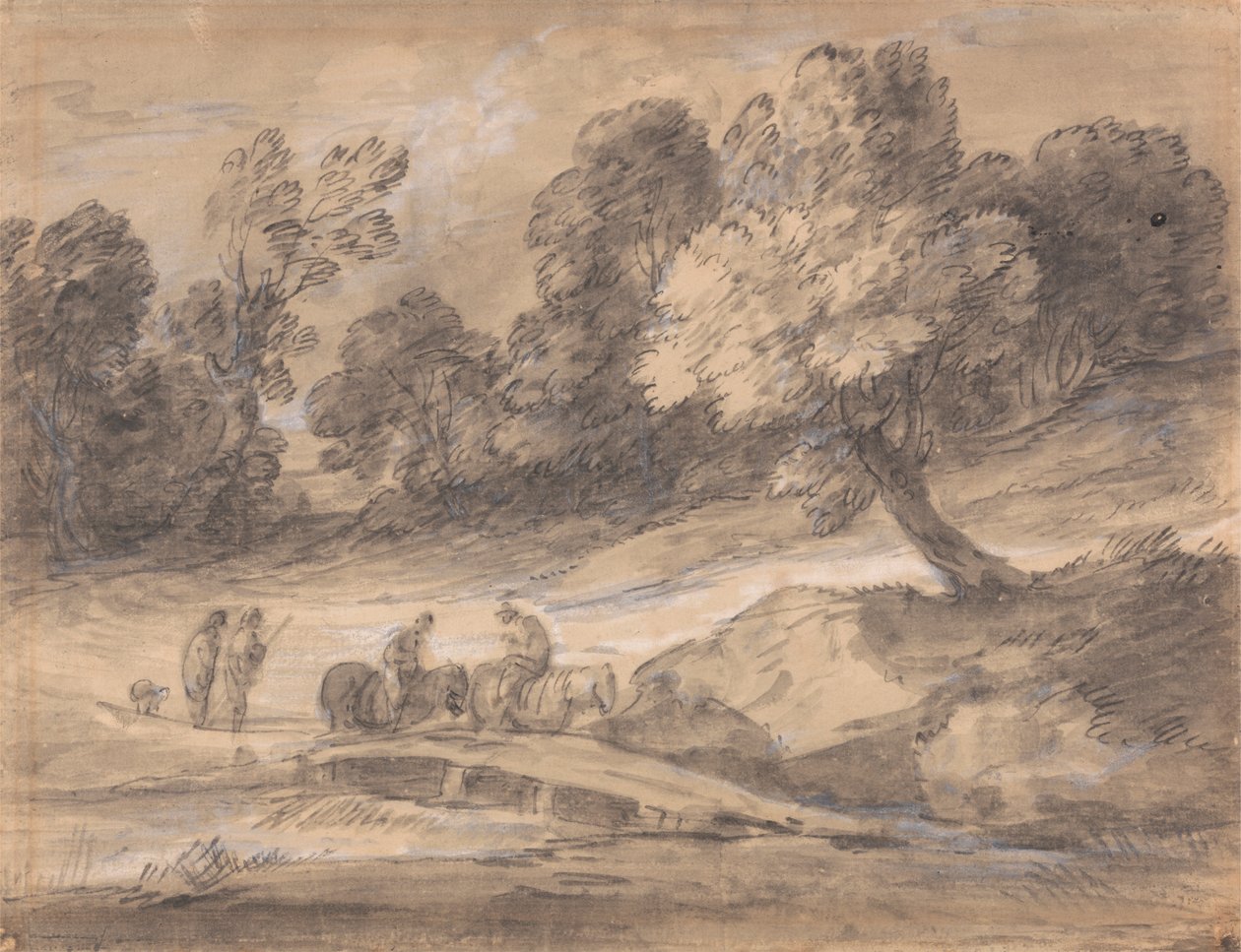 Skoglandskap med skikkelser på hesteryggen som krysser en bro av Thomas Gainsborough