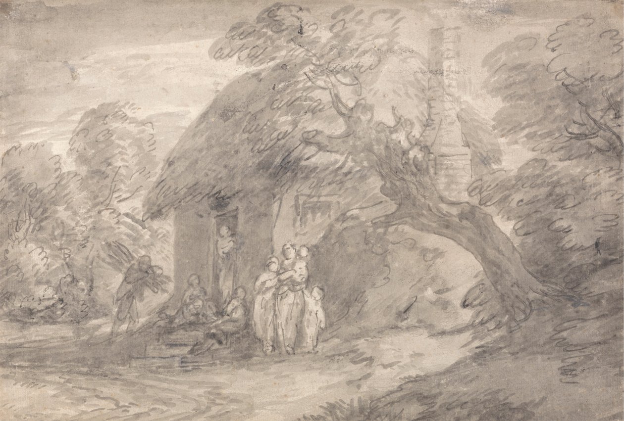 Skoglandskap med figurer utenfor en hyttedør av Thomas Gainsborough