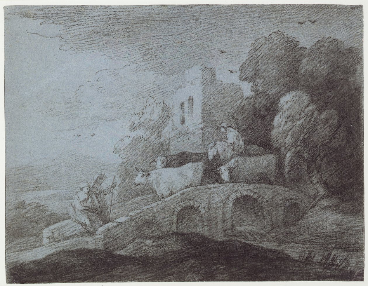 Skoglandskap med gjeter som driver storfe (etsing på papir) av Thomas Gainsborough