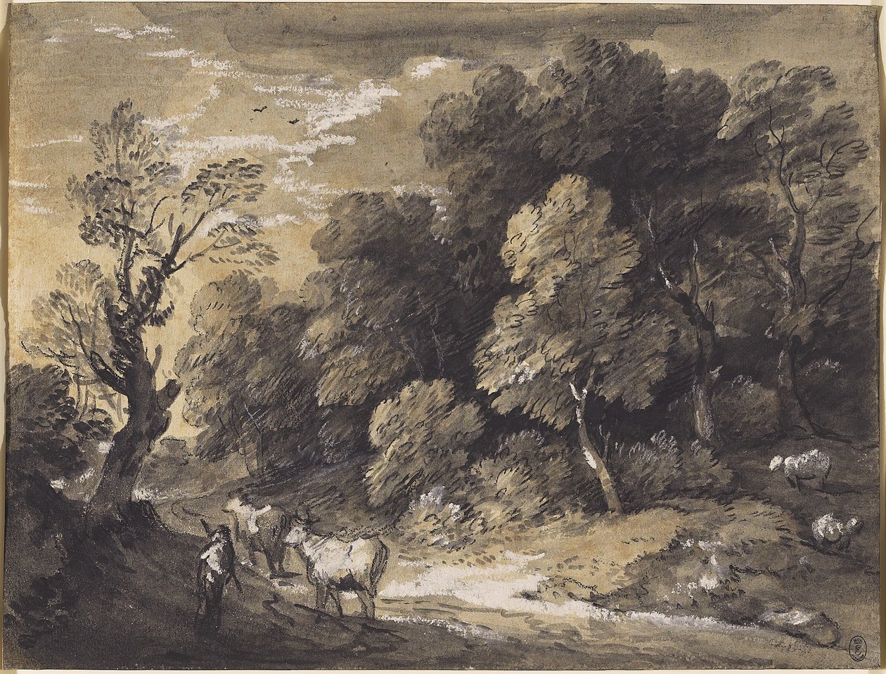 Skoglandskap med gjeter og storfe, ca. 1775-80 (svart kritt og grå-svarte vasker, forsterket med hvit gouache på lagt papir) av Thomas Gainsborough