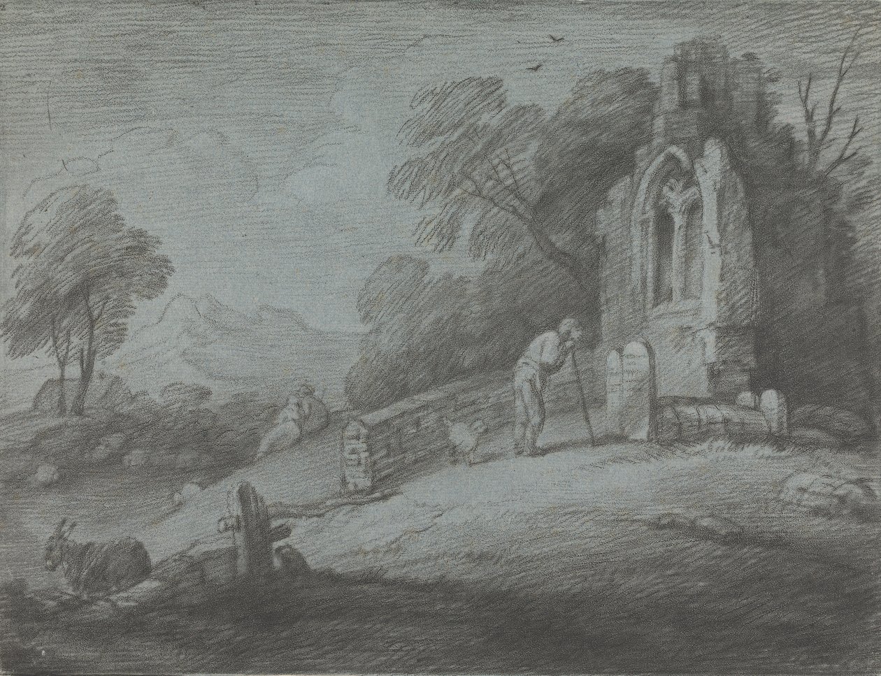 Skoglandskap med bondelesende gravstein, rustikke elskere og ødelagt kirke av Thomas Gainsborough