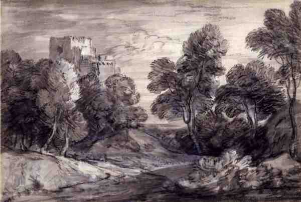 Skoglandskap med et slott (kritt og kull på papir) av Thomas Gainsborough