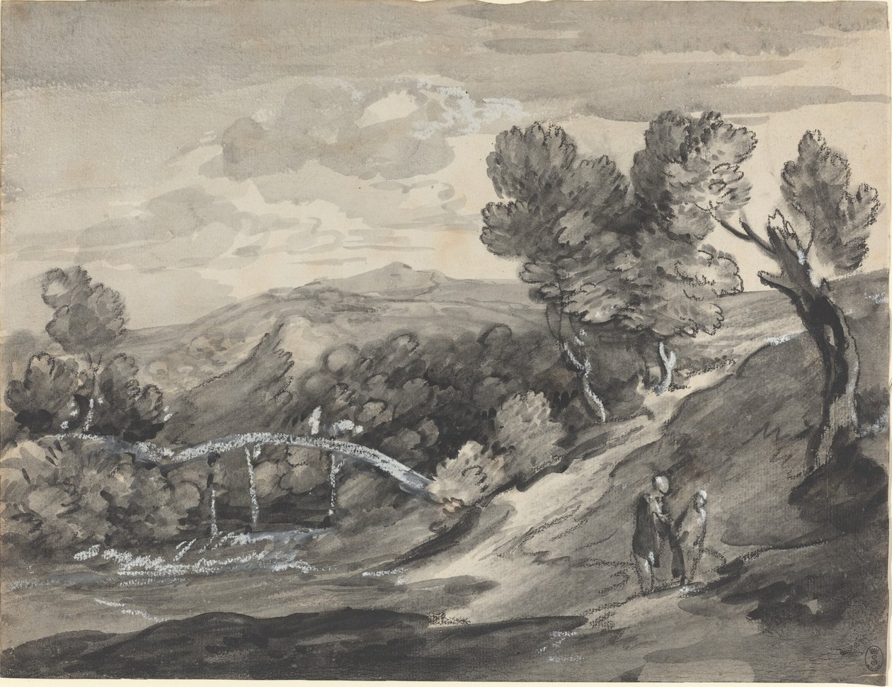 Skogkledd høylandslandskap med en bro av Thomas Gainsborough