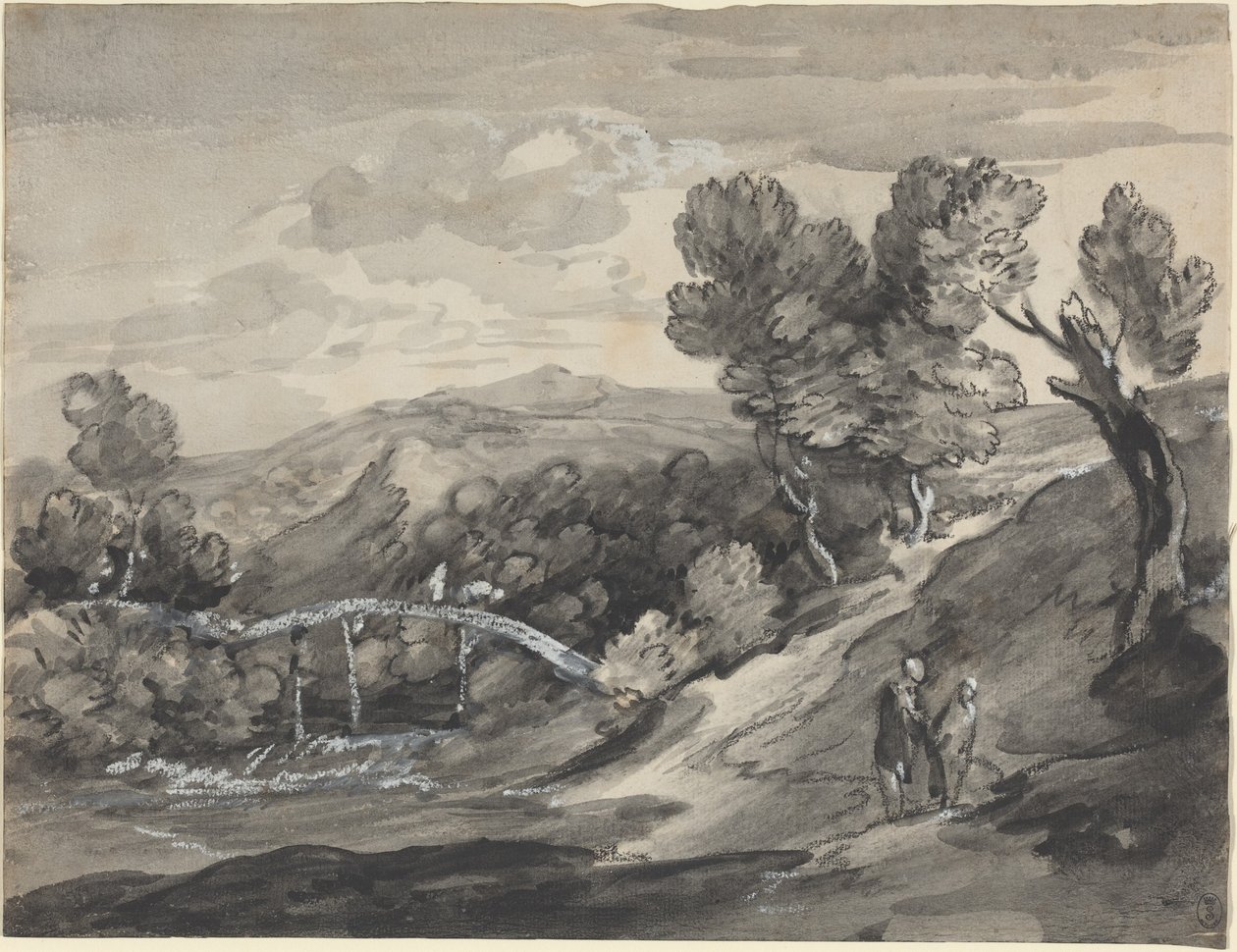 Skogkledd høylandslandskap med en bro av Thomas Gainsborough