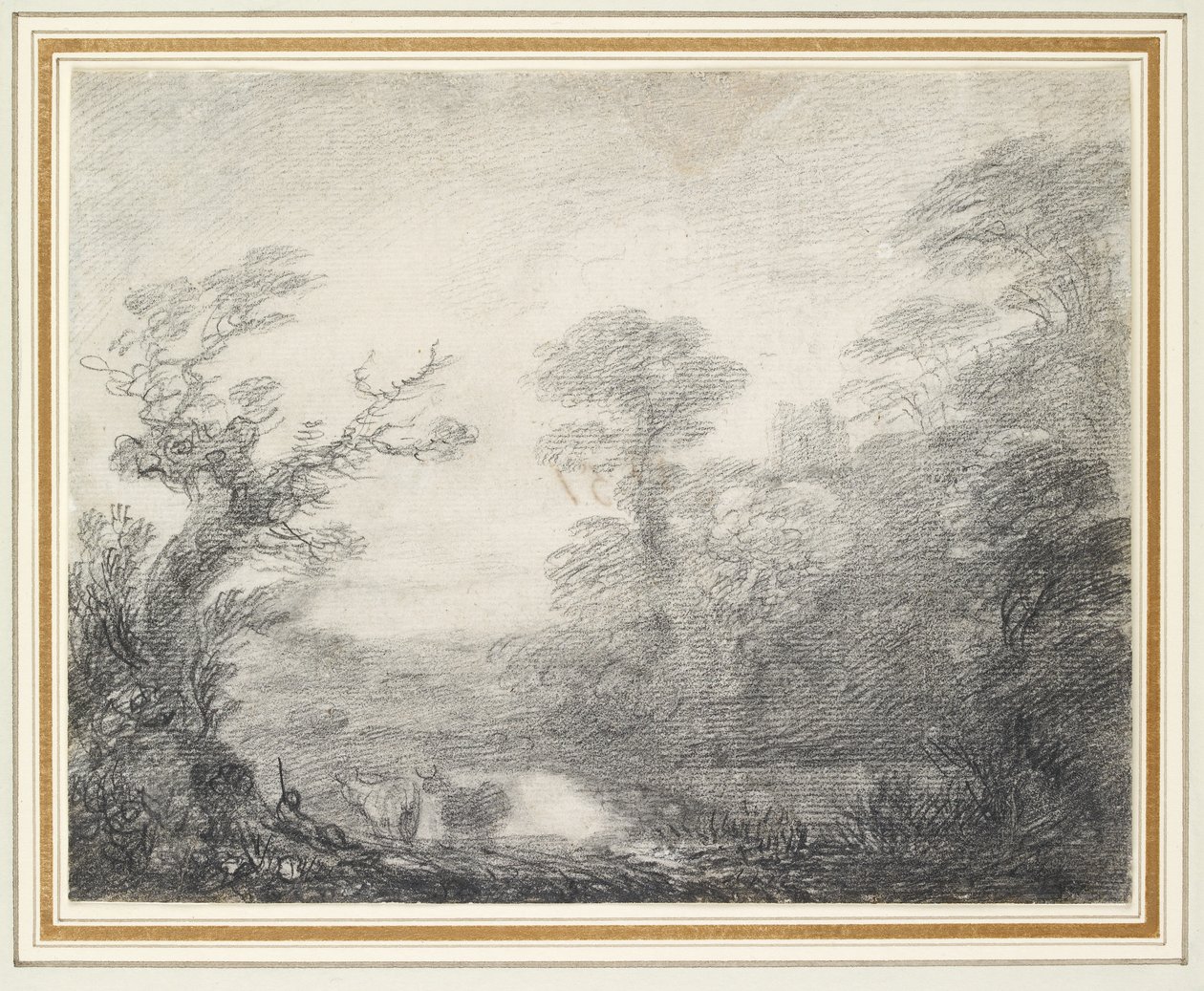 Skoglandskap med gjeter, kyr og kirketårn av Thomas Gainsborough