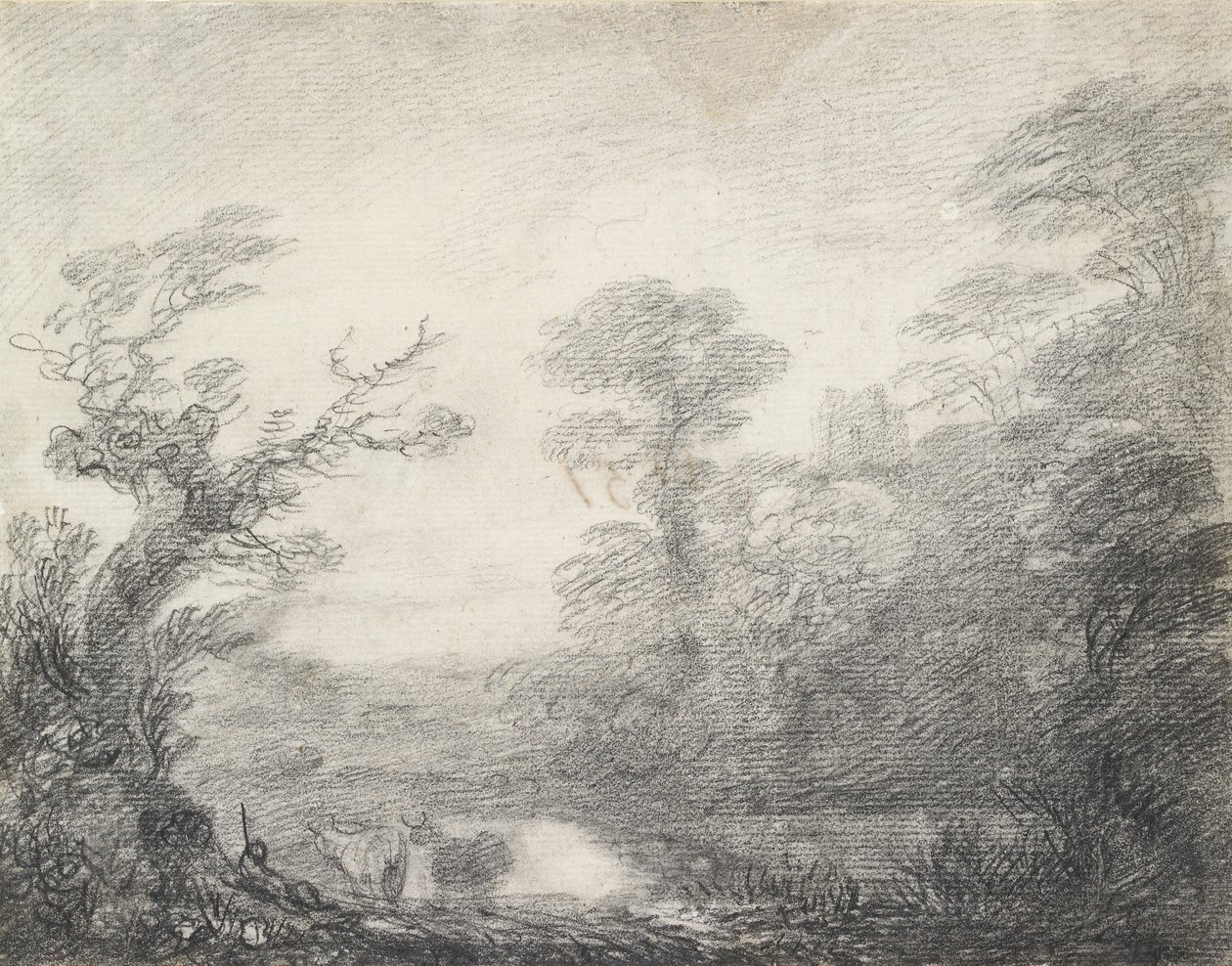 Skoglandskap med gjeter, kyr og kirketårn, 1753-1757 av Thomas Gainsborough