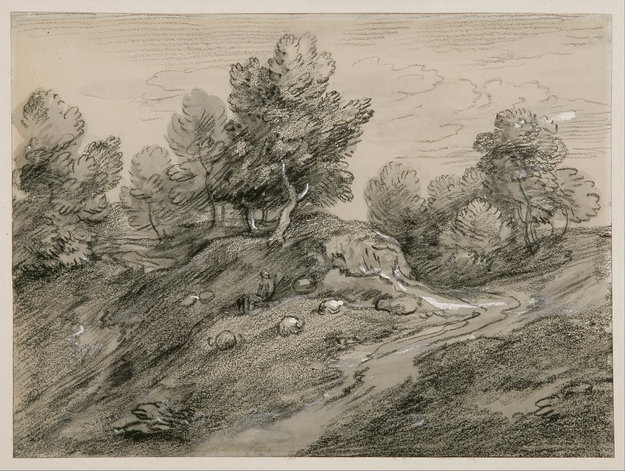 Skogkledd høydelandskap med gjeter, sauer og en landevei som slynger seg rundt en kolle av Thomas Gainsborough