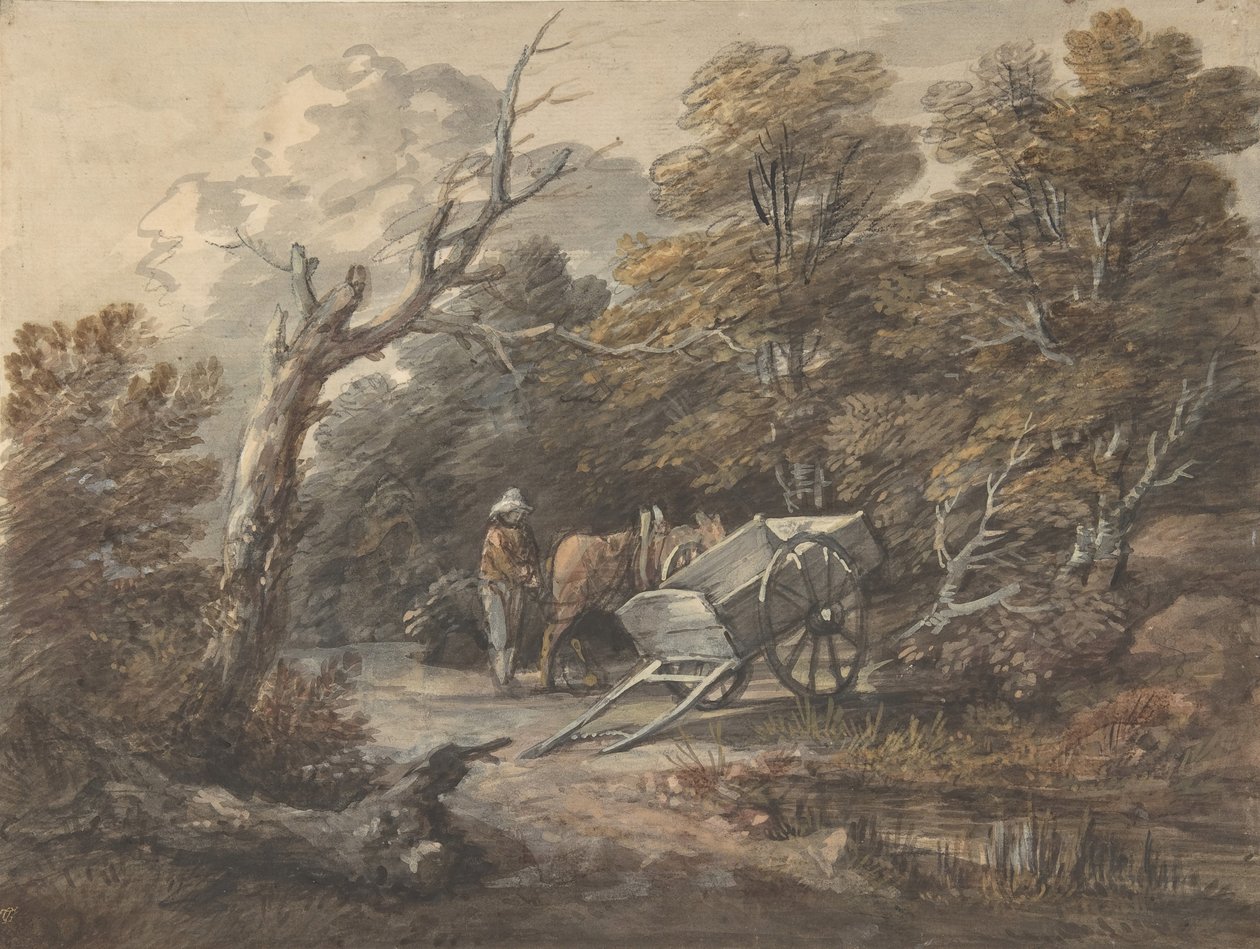 Skogsscene med en bonde, en hest og en vogn, ca. 1760. av Thomas Gainsborough