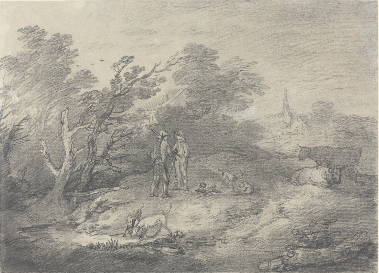Skoger nær en landsby med kaninfangere og deres greyhounds av Thomas Gainsborough