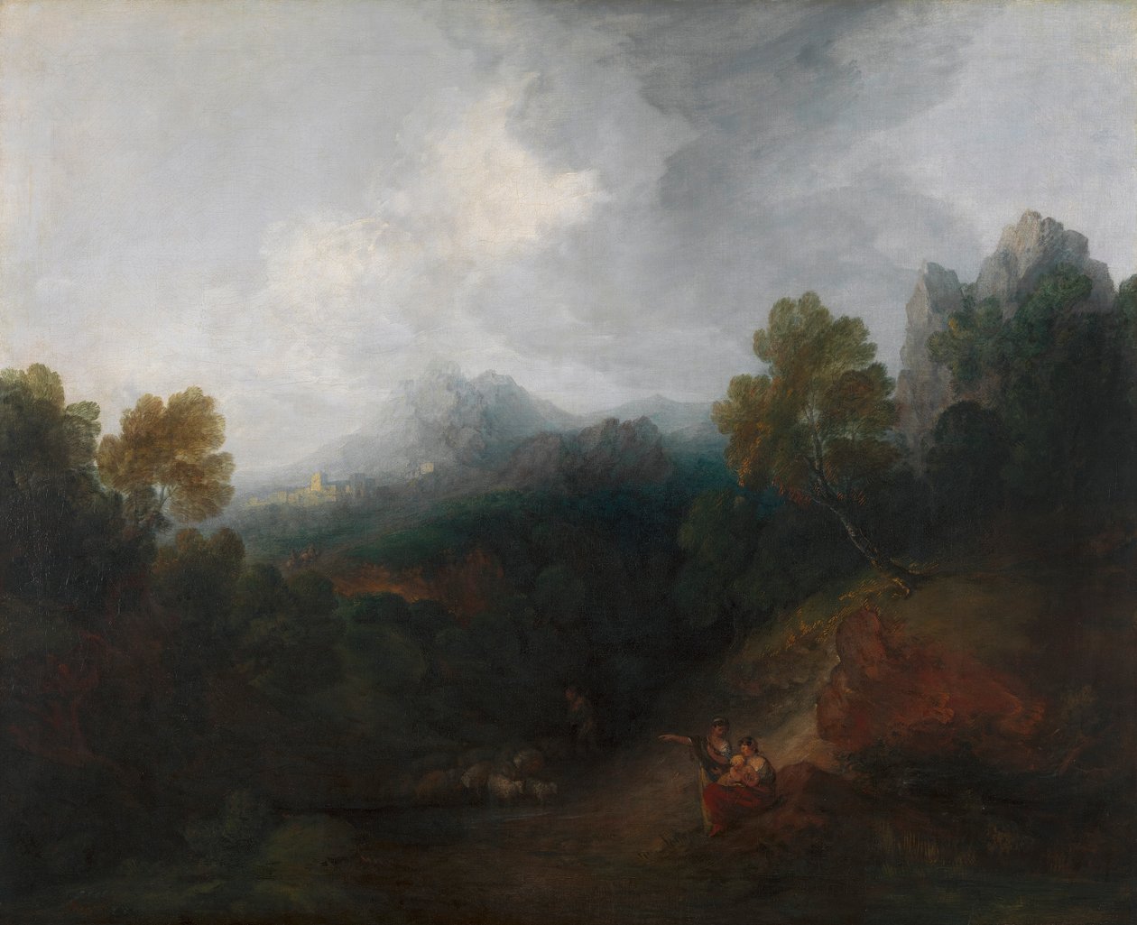 Mountain Valley med figurer og fjern landsby av Thomas Gainsborough RA