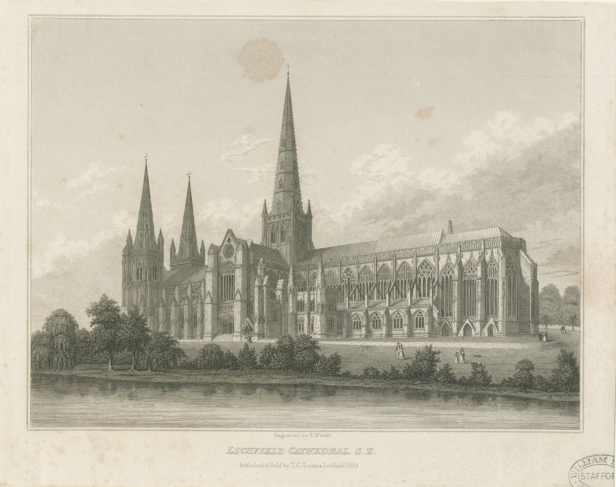 Lichfield Cathedral - South East View: gravering, nd [c 1833] (trykk) av Thomas George Lomax