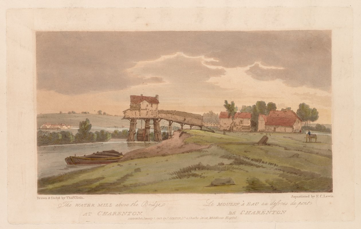 Et utvalg av tjue av de mest pittoreske utsiktene i Paris: Vannmøllen over broen...1803 av Thomas Girtin