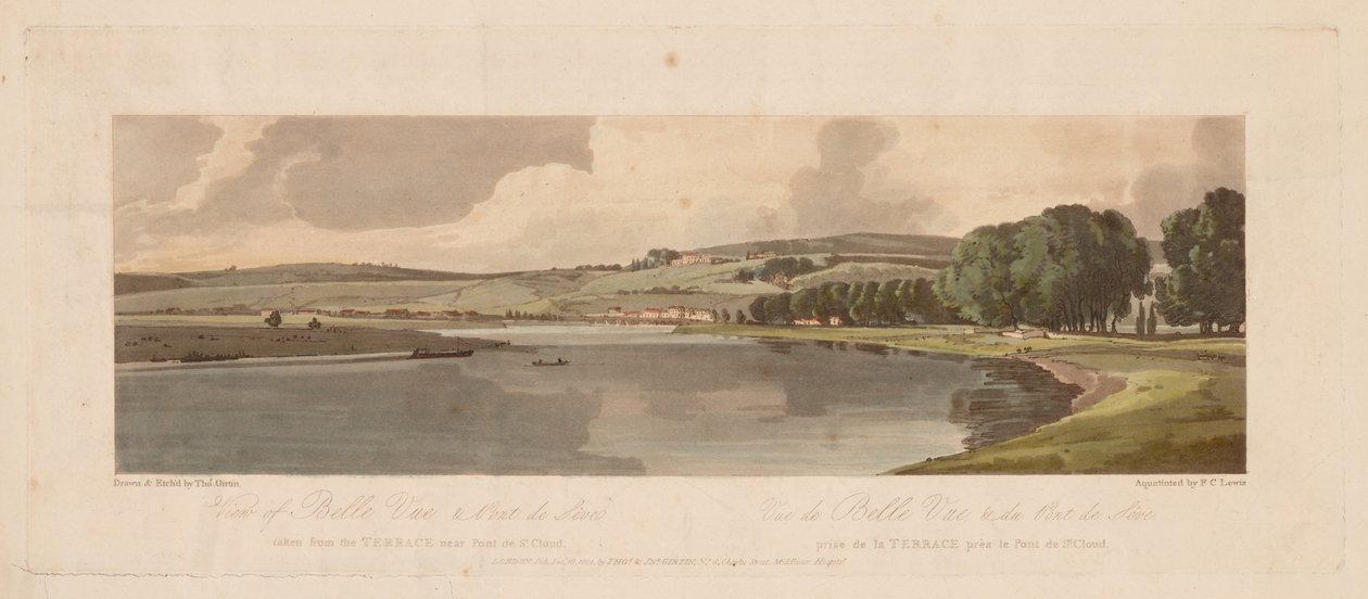 Et utvalg av tjue av de mest pittoreske utsiktene i Paris: Utsikt over Belle Vue og Pont de Sêve..., 1 av Thomas Girtin