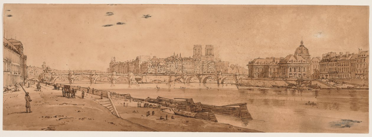 Et utvalg av tjue av de mest pittoreske utsiktene i Paris: Utsikt over Pont Neuf, en del av Louvre, Notre Dame og College of Four Nations av Thomas Girtin