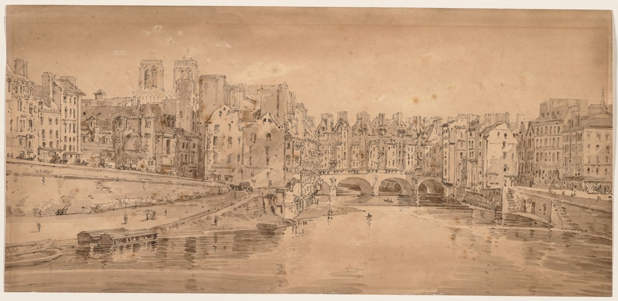 Et utvalg av tjue av de mest pittoreske utsiktene i Paris: Utsikt over Pont St. Michel, tatt fra Pont Neuf av Thomas Girtin