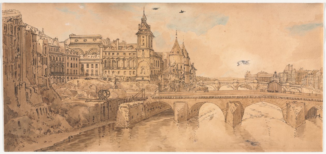 Et utvalg av tjue av de mest pittoreske utsiktene i Paris: Utsikt over Pont au Change, City Theatre, Pont Neuf, Conciergerie Prison, og tatt fra Pont Notre Dame av Thomas Girtin