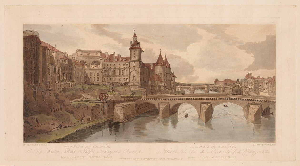 Et utvalg av tjue av de mest pittoreske utsiktene i Paris: Utsikt over Pont au Change, 1803. av Thomas Girtin